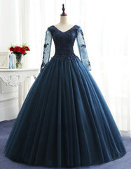 Charming Long Sleeves Navy Blue Tulle Party Gown, Navy Blue Prom Dresses