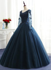 Charming Long Sleeves Navy Blue Tulle Party Gown, Navy Blue Prom Dresses