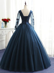 Charming Long Sleeves Navy Blue Tulle Party Gown, Navy Blue Prom Dresses