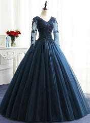 Charming Long Sleeves Navy Blue Tulle Party Gown, Navy Blue Prom Dresses