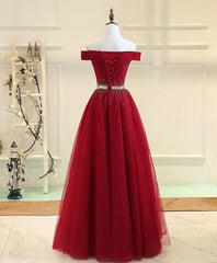 Charming Off Shoulder Tulle Beaded Prom Gown, Wine Red Long Junior Prom Dress