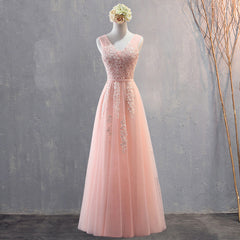 Charming Pearl Pink Tulle Simple Party Dresses with Lace, V-neckline Long Formal Dresses