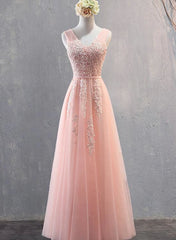 Charming Pearl Pink Tulle Simple Party Dresses with Lace, V-neckline Long Formal Dresses