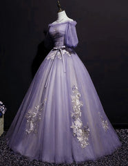 Charming Purple Short Sleeves Tulle Puffy Long Formal Dresses, Lovely Evening Dresses Party Dresses