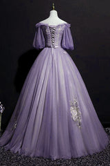 Charming Purple Short Sleeves Tulle Puffy Long Formal Dresses, Lovely Evening Dresses Party Dresses