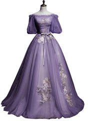 Charming Purple Short Sleeves Tulle Puffy Long Formal Dresses, Lovely Evening Dresses Party Dresses