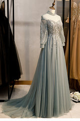 Charming Tulle Long Sleeves Beaded and Lace Long Party Dress, A-line Tulle Formal Gown