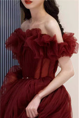 Charming Wine Red Off Shoulder Tulle Beaded Party Dresses, Wine Red Prom Dresses