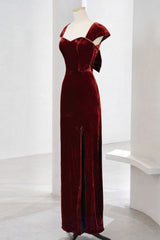 Charming Wine Red Velvet Cap Sleeves Long Party Dress, Wedding Party Dresses