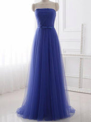 Cheap Blue Tulle Strapless Long Simple Prom Dresses With Bow