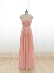 Cheap Pink Straps Chiffon Pleats Backless Bridesmaid Dresses