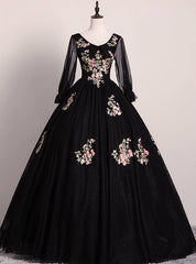 Check Out Entire Collection Black Ball Gown Tulle V-neck Long Sleeve Appliques Quinceanera Dresses