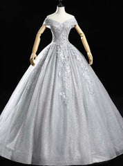 Check Out Entire Collection Silver Gray Sequins Appliques Off the Shoulder Quinceanera Dresses