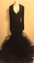 Chic black sequins prom Dresses, ruffles evening Dresses