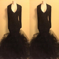 Chic black sequins prom Dresses, ruffles evening Dresses