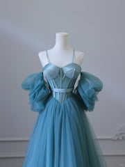 Chic Blue Sweetheart Straps Off Shoulder Tulle Formal Dresses, Blue Prom Dresses