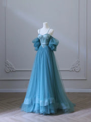 Chic Blue Sweetheart Straps Off Shoulder Tulle Formal Dresses, Blue Prom Dresses