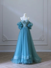 Chic Blue Sweetheart Straps Off Shoulder Tulle Formal Dresses, Blue Prom Dresses