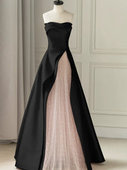 Chic Pink and Black Satin with Tulle Prom Dresses, A-line Long Party Dresses