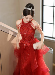 Chic Red Tulle Halter A-Line Long Evening Dresses, Tulle Prom Dresses Party Dresses