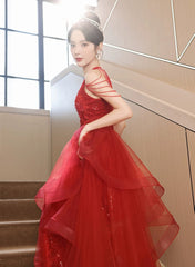 Chic Red Tulle Halter A-Line Long Evening Dresses, Tulle Prom Dresses Party Dresses