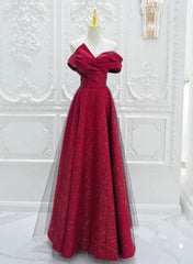 Chic Satin Long Party Dresses Prom Dresses, A-line Red Off Shoulder Evening Dresses