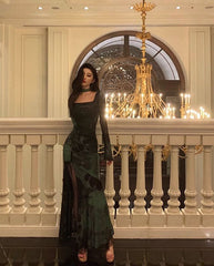 Chic Sheath Square Neckline Long Sleeves Green Long Prom Dresses Birthday Dress