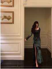 Chic Sheath Square Neckline Long Sleeves Green Long Prom Dresses Birthday Dress