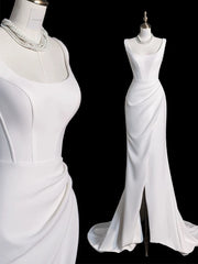 Chic Sheath Square Neckline Sleeveless White Satin Slit Wedding Dresses With Ruffles