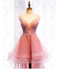 Chic V-neckline Lace Applique Tulle High Low Straps Homecoming Dresses, Tulle Short Prom Dresses