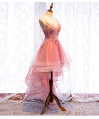 Chic V-neckline Lace Applique Tulle High Low Straps Homecoming Dresses, Tulle Short Prom Dresses