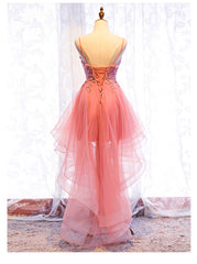 Chic V-neckline Lace Applique Tulle High Low Straps Homecoming Dresses, Tulle Short Prom Dresses