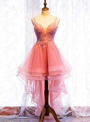 Chic V-neckline Lace Applique Tulle High Low Straps Homecoming Dresses, Tulle Short Prom Dresses