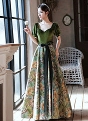 Chic Velvet Floral Short Sleeves Long Prom Dresses, Green Sweetheart Party Dresses