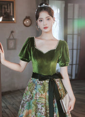 Chic Velvet Floral Short Sleeves Long Prom Dresses, Green Sweetheart Party Dresses