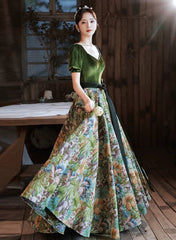 Chic Velvet Floral Short Sleeves Long Prom Dresses, Green Sweetheart Party Dresses