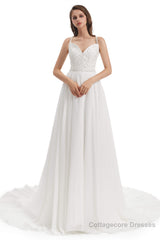 Chiffon Lace Spaghetti Straps Beading Wedding Dresses