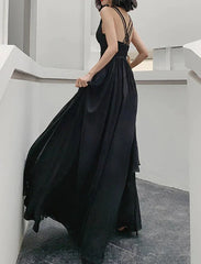 Simple V Neck Chiffon Black Long Prom Dress, Black Evening Dresses