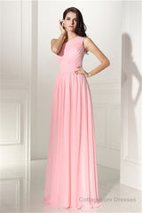 Chiffon Pink One Shoulder Long Bridesmaid Dresses