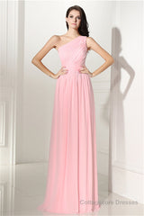 Chiffon Pink One Shoulder Long Bridesmaid Dresses