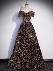 Coffee Gold Sequins Off the Shoulder Beading Prom Dresses