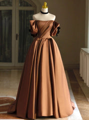 Coffee Satin Off the Shoulder Pleats Prom Dresses