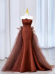 Coffee Satin Tulle Strapless Prom Dresses