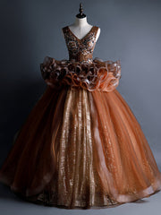 Coffee Tulle Sequins V-neck Beading Quinceanera Dresses