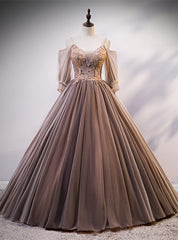 Coffee Tulle Spaghetti Straps Beading Quinceanera Dresses