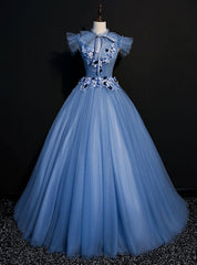 Come In All Styles And Colors Blue Ball Gown Tulle Backless Pleats Appliques Quinceanera Dresses