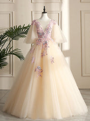 Come In All Styles And Colors Champagne Ball Gown Tulle Appliques See Through V-neck Quinceanera Dresses