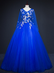 Come In All Styles And Colors Royal Blue Ball Gown Tulle V-neck Appliques Quinceanera Dresses