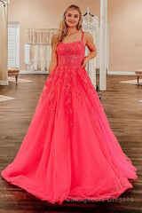 Coral A-Line Prom Dress with Appliques