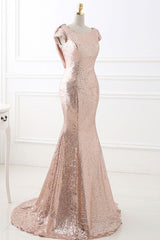 COURTNEY Fit and Flare Sweep train Sequined Rosy Golden Prom Party Gowns